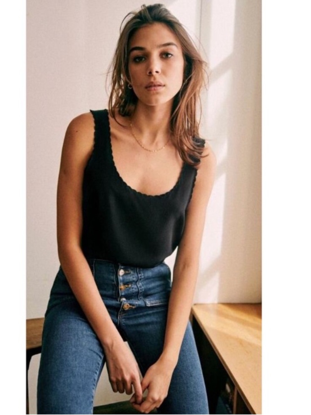 Sézane Lucie Black Silk Scalloped Cami - FR/32 - US 0